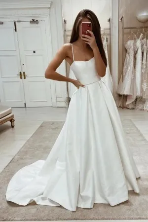 Ivory Satin Spaghetti Straps Simple Wedding Dresses With Sweep Train, MW1069