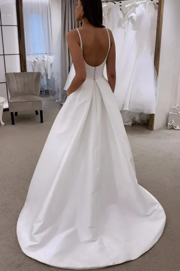 Ivory Satin Spaghetti Straps Simple Wedding Dresses With Sweep Train, MW1069