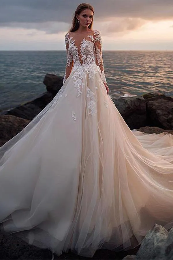 Ivory Tulle Lace Long Sleeves Beach Wedding Dresses With Illusion Neck, MW716