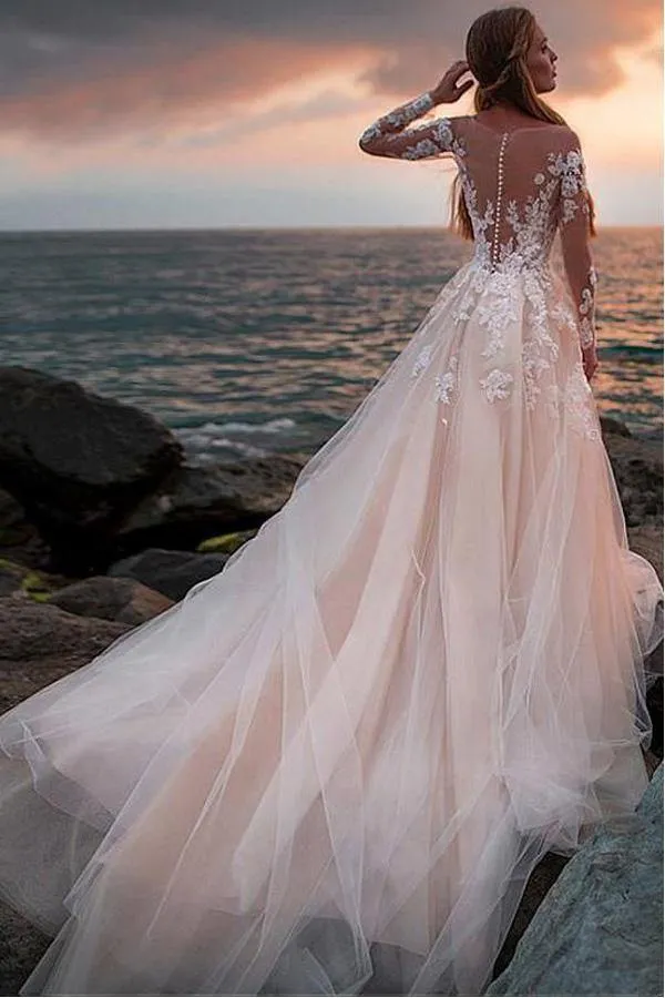 Ivory Tulle Lace Long Sleeves Beach Wedding Dresses With Illusion Neck, MW716