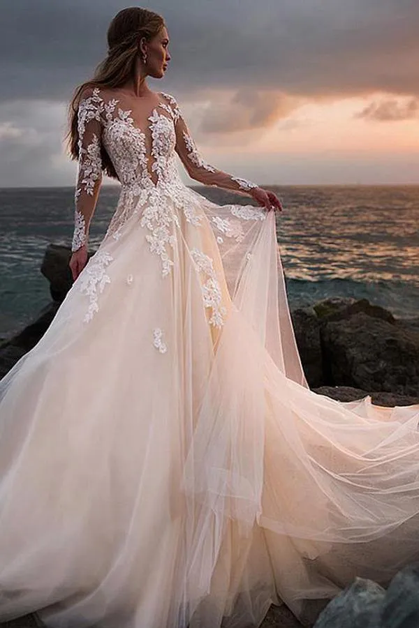 Ivory Tulle Lace Long Sleeves Beach Wedding Dresses With Illusion Neck, MW716