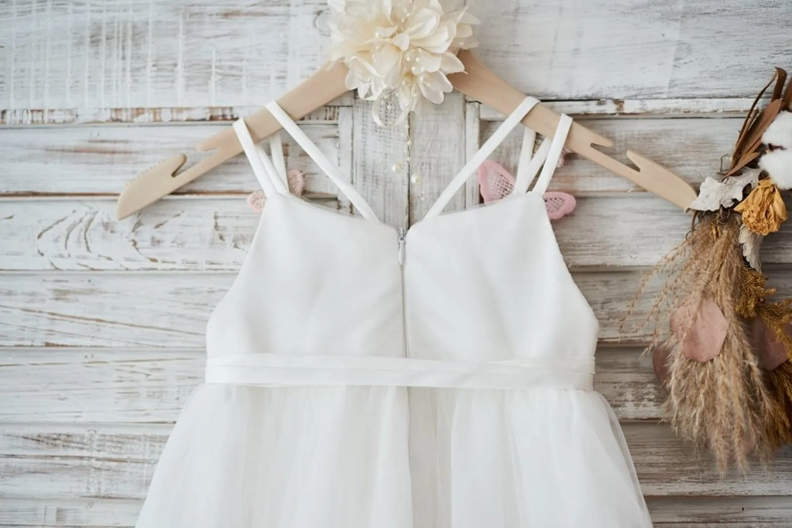 Ivory Tulle Spaghetti Straps Wedding Party Flower Girl Dress, 3D Butterflies