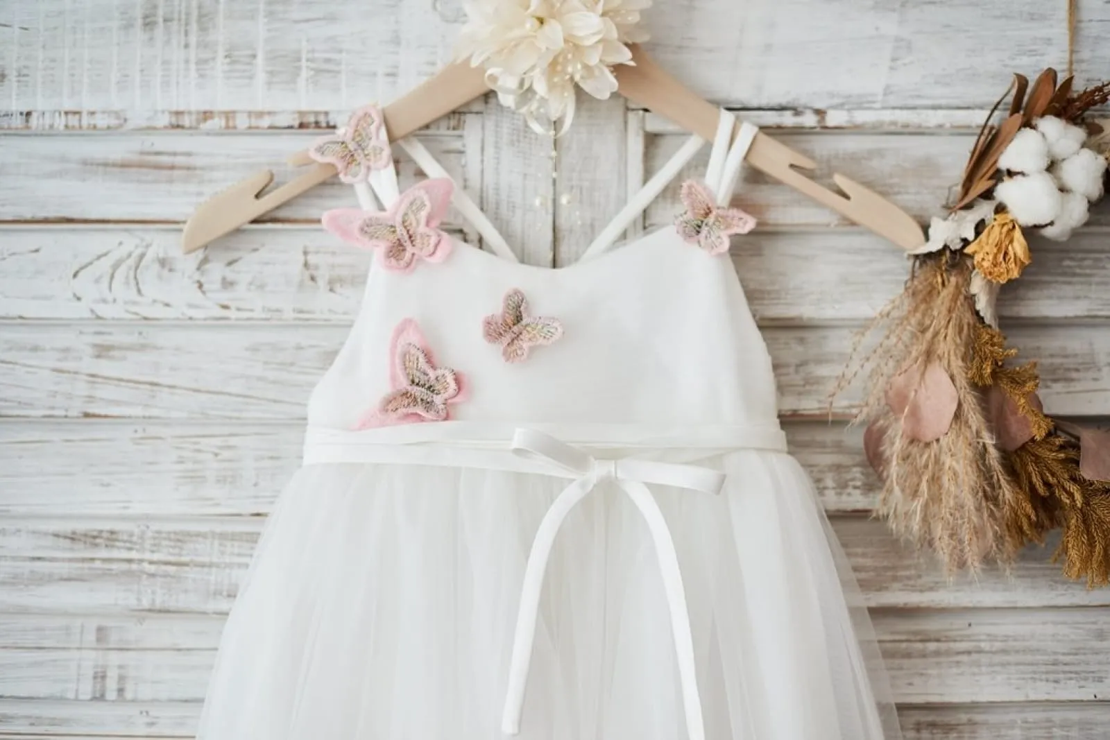 Ivory Tulle Spaghetti Straps Wedding Party Flower Girl Dress, 3D Butterflies