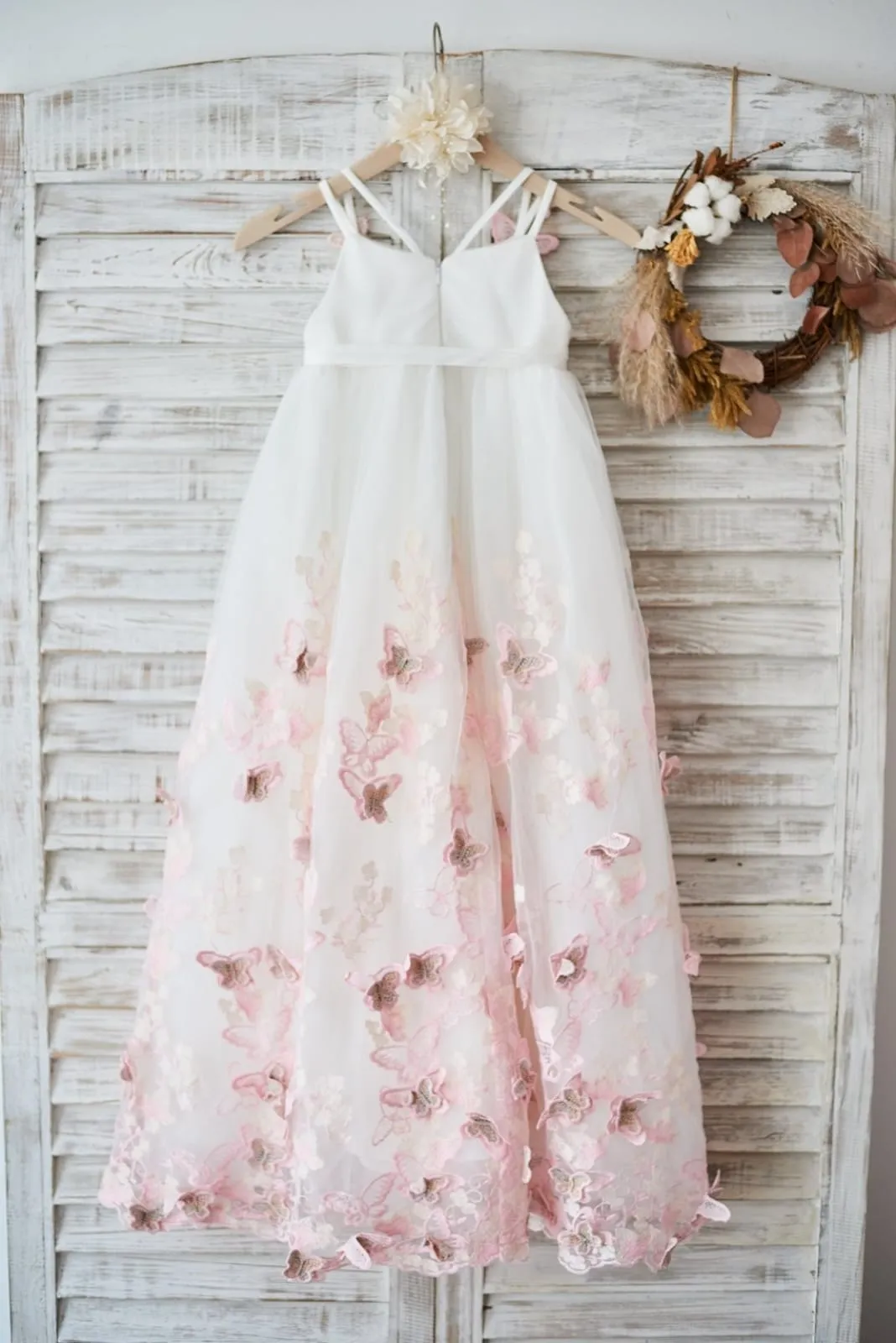 Ivory Tulle Spaghetti Straps Wedding Party Flower Girl Dress, 3D Butterflies