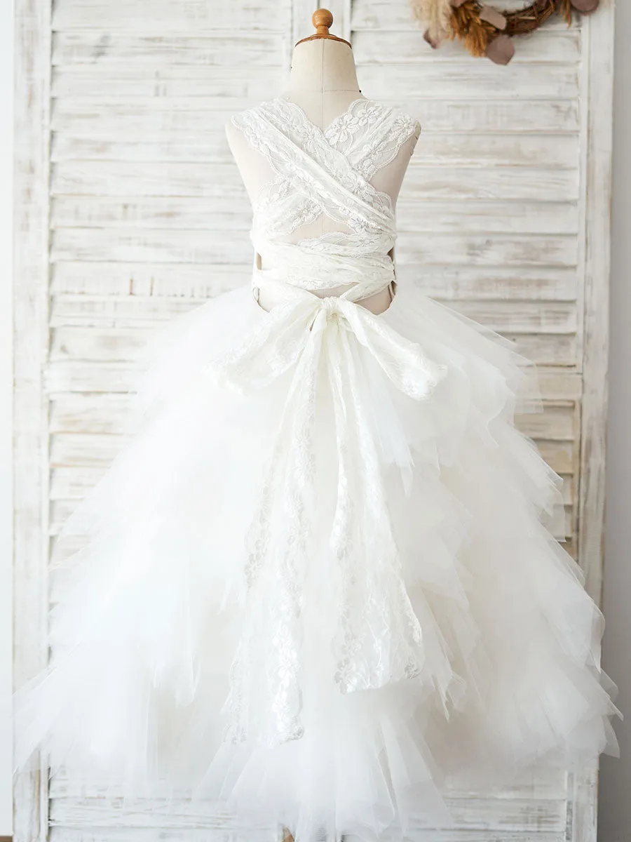 Jewel Neck Sleeveless Back Crossed-Lace Formal Kids Pageant flower girl dresses