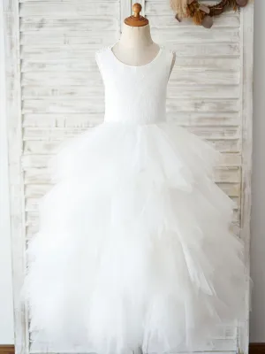 Jewel Neck Sleeveless Back Crossed-Lace Formal Kids Pageant flower girl dresses