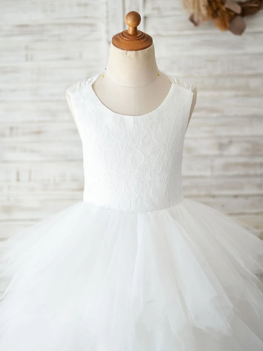 Jewel Neck Sleeveless Back Crossed-Lace Formal Kids Pageant flower girl dresses