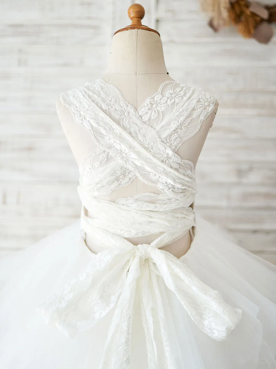 Jewel Neck Sleeveless Back Crossed-Lace Formal Kids Pageant flower girl dresses