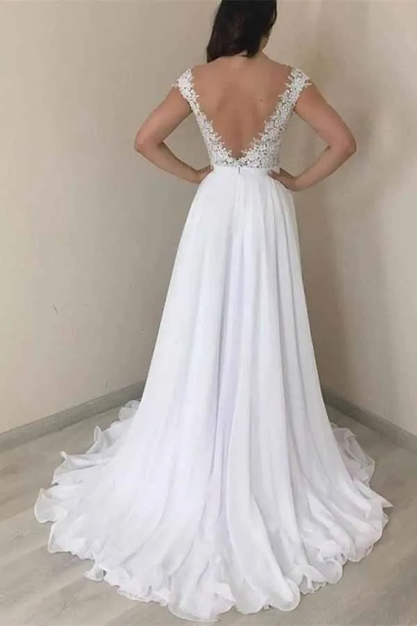 Lace A-line V-neck Cap Sleeves Wedding Dresses, Chiffon Wedding Gown, MW720
