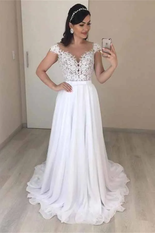 Lace A-line V-neck Cap Sleeves Wedding Dresses, Chiffon Wedding Gown, MW720