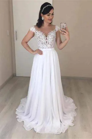 Lace A-line V-neck Cap Sleeves Wedding Dresses, Chiffon Wedding Gown, MW720