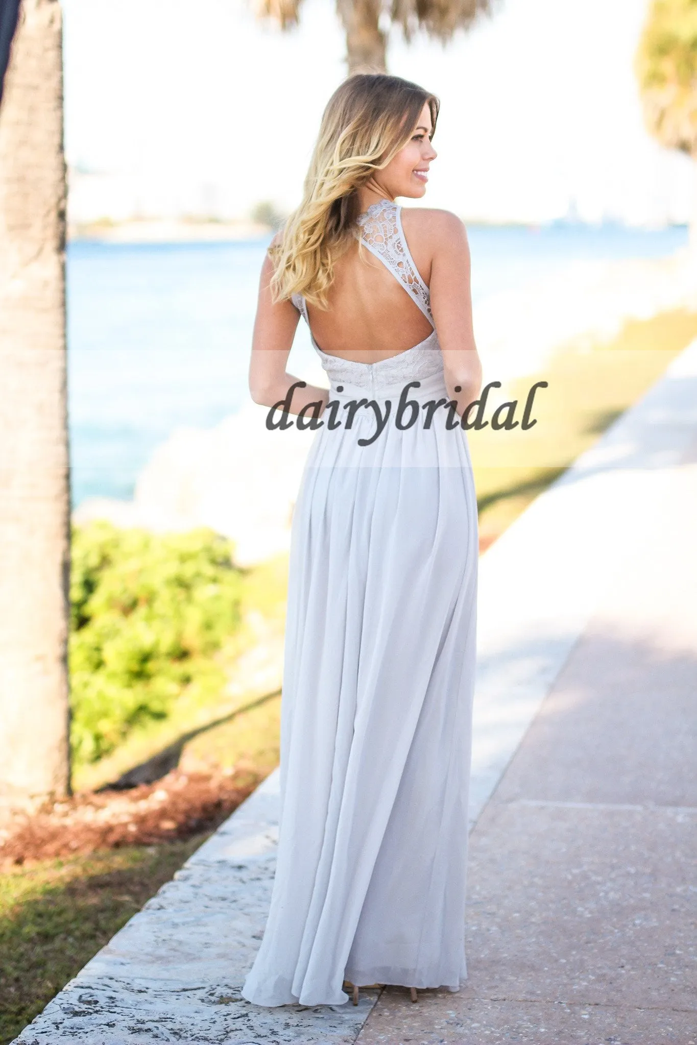 Lace Bridesmaid Dress, Chiffon Bridesmaid Dress, Open-Back Bridesmaid Dress, Floor-Length Bridesmaid Dress, Cheap Bridesmaid Dress, D147