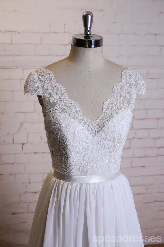Lace Cap Sleeves V Neck Cheap Beach Wedding Dresses Online, WD375