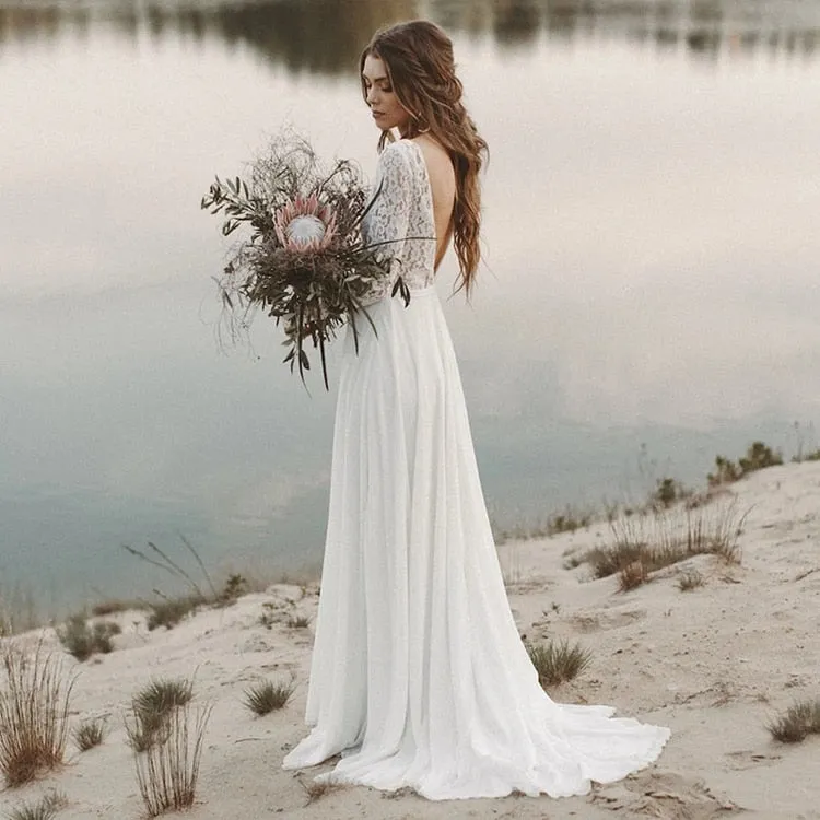 Lace Long Sleeve Boho Pre Wedding Shoot Dress Beach A Line Backless Customized Bridesmaid Gowns Factory  New Spring