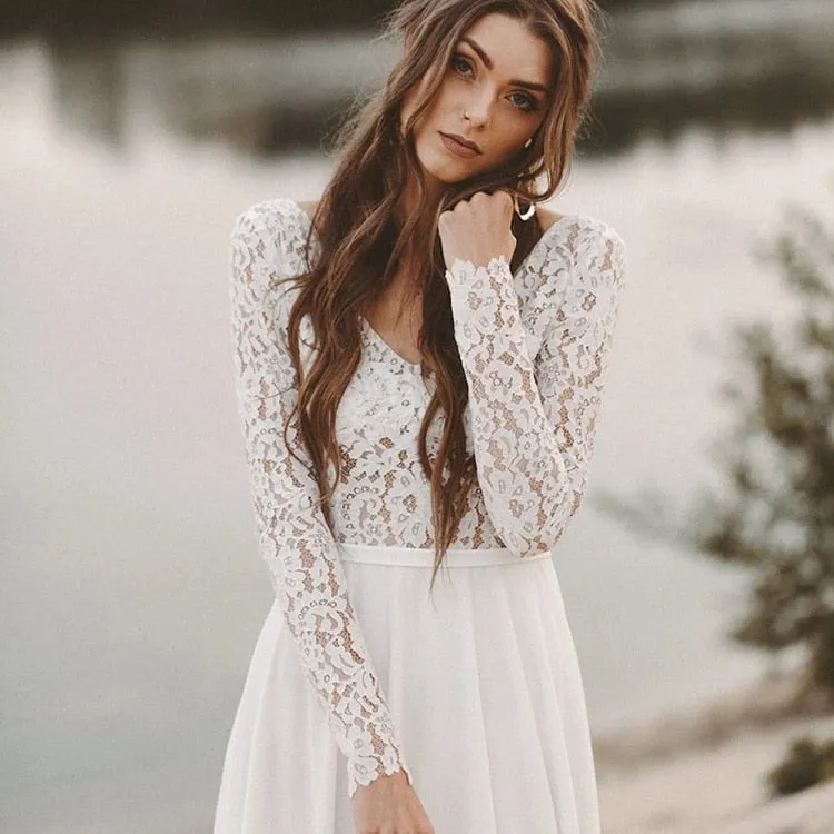 Lace Long Sleeve Boho Pre Wedding Shoot Dress Beach A Line Backless Customized Bridesmaid Gowns Factory  New Spring