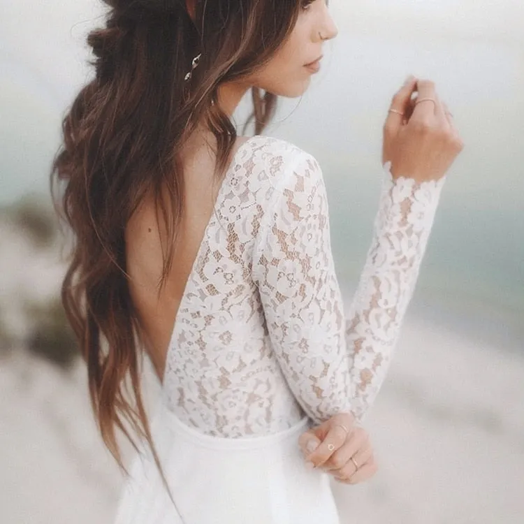 Lace Long Sleeve Boho Pre Wedding Shoot Dress Beach A Line Backless Customized Bridesmaid Gowns Factory  New Spring