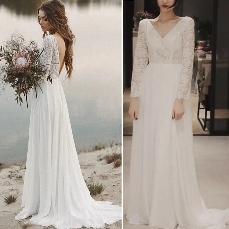 Lace Long Sleeve Boho Pre Wedding Shoot Dress Beach A Line Backless Customized Bridesmaid Gowns Factory  New Spring