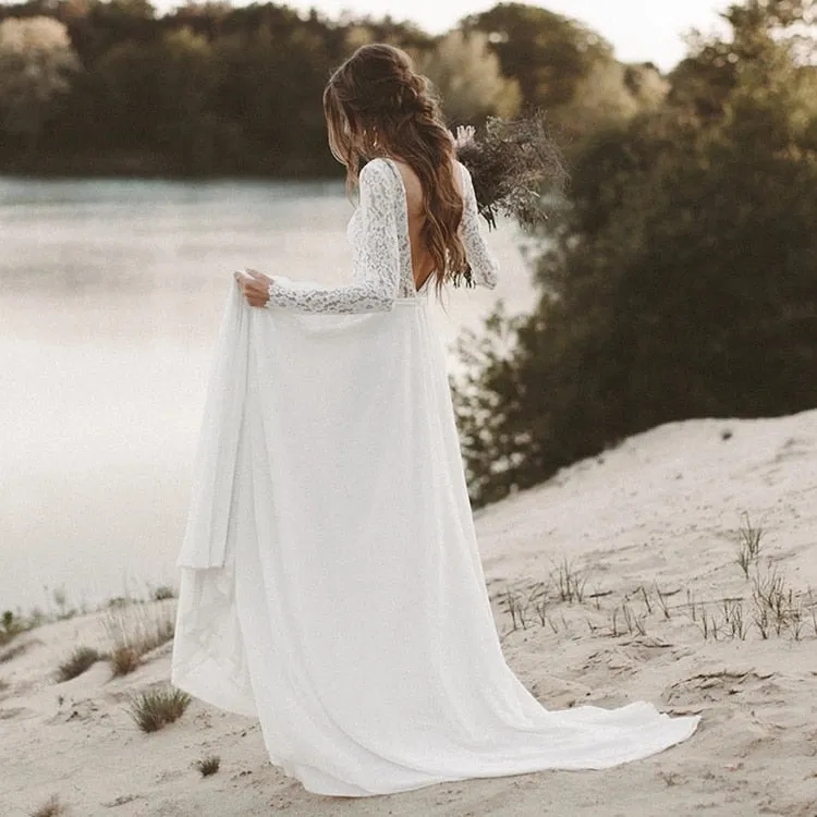Lace Long Sleeve Boho Pre Wedding Shoot Dress Beach A Line Backless Customized Bridesmaid Gowns Factory  New Spring
