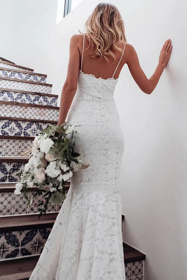 Lace Mermaid V-neck Spaghetti Straps Wedding Dress With Sweep Train, MW773