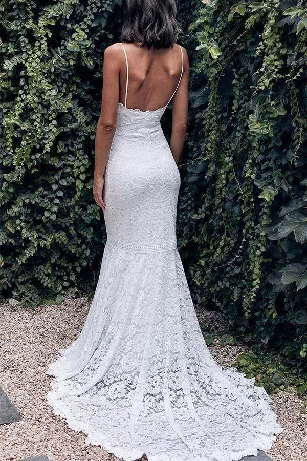Lace Mermaid V-neck Spaghetti Straps Wedding Dress With Sweep Train, MW773