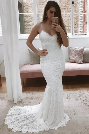 Lace Mermaid V-neck Spaghetti Straps Wedding Dress With Sweep Train, MW773