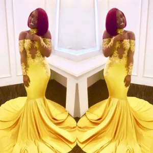 Lace Yellow Prom Dresses Mermaid Off-the-Shoulder Evening Gowns