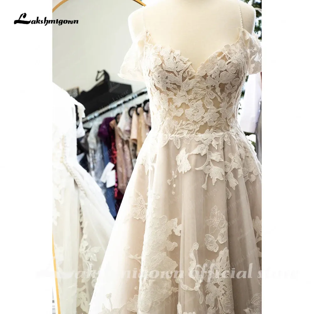 Lakshmigown Luxury Lace Appliques  Wedding Gown with V Neck Spaghetti Straps 2024 Bride Wedding Dress robe de soirée femme