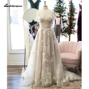 Lakshmigown Luxury Lace Appliques  Wedding Gown with V Neck Spaghetti Straps 2024 Bride Wedding Dress robe de soirée femme
