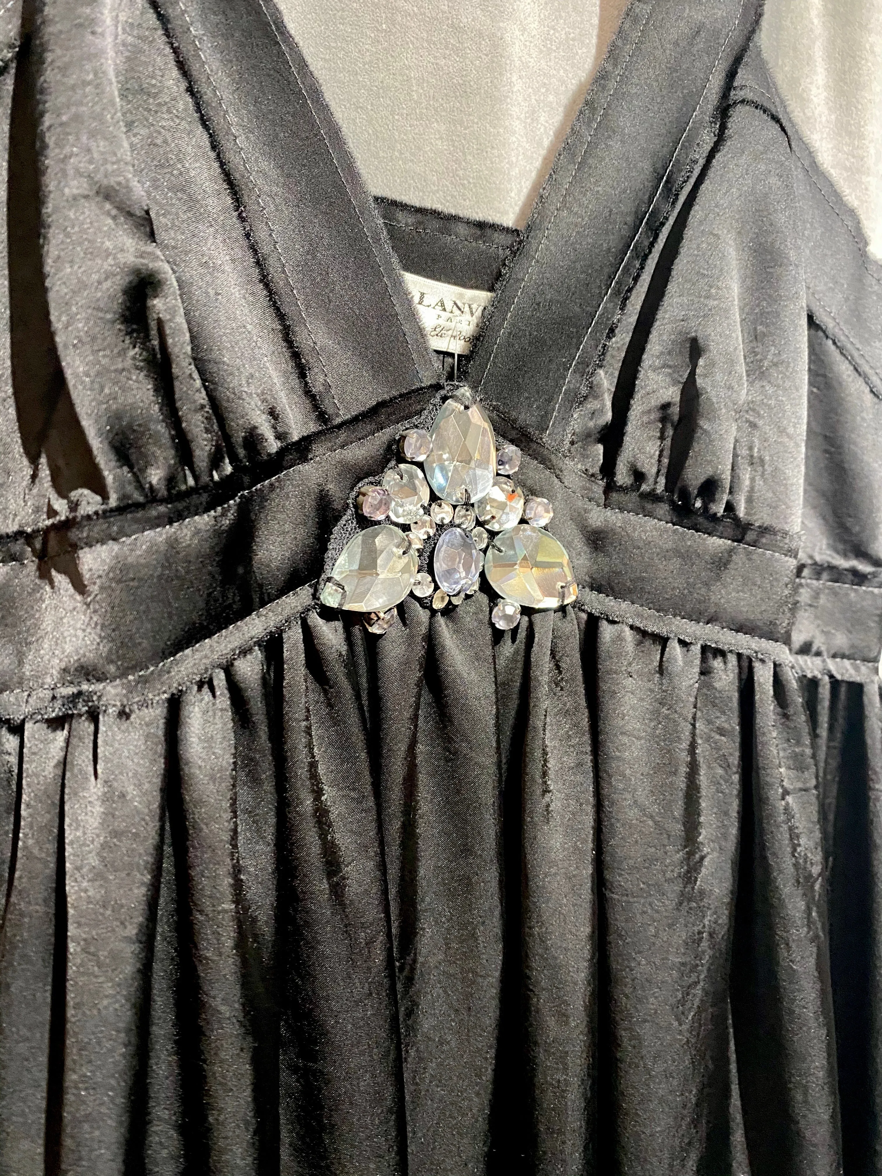 Lanvin 2007 Silk V Neck Midi Dress with Crystal Center Decor