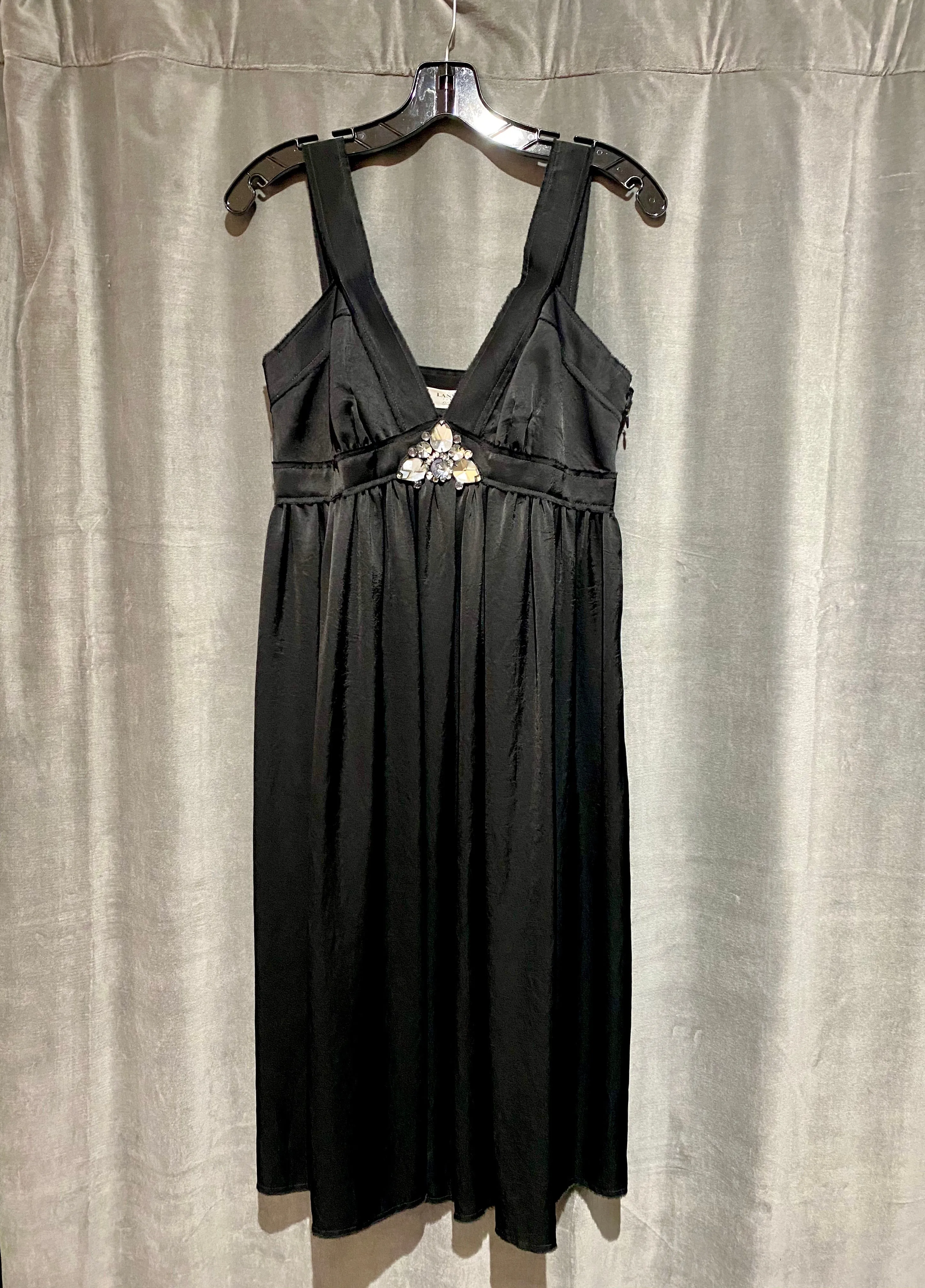 Lanvin 2007 Silk V Neck Midi Dress with Crystal Center Decor