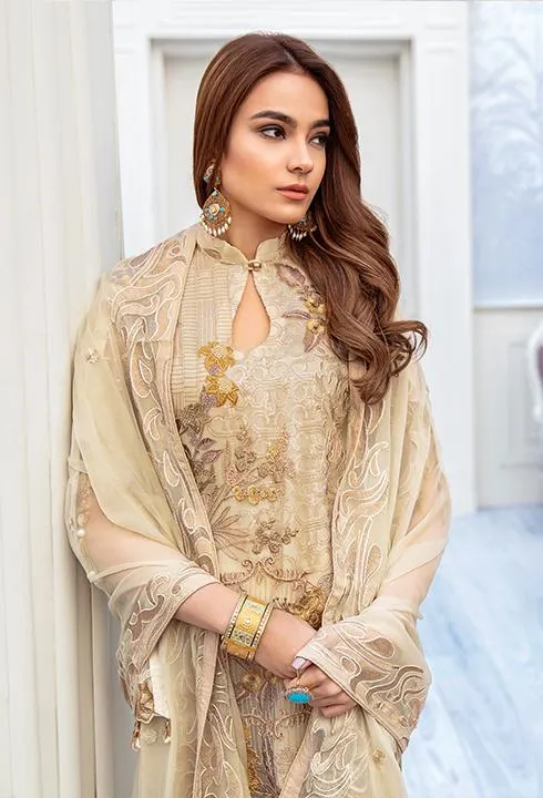 Latest embroidered chiffon outfit 2020 online in elegant skin color # P2518