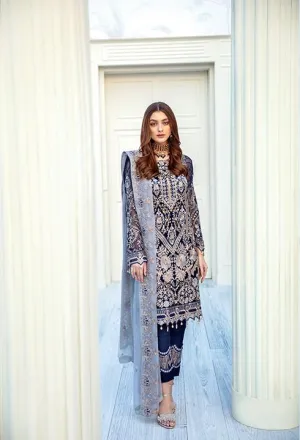 Latest embroidered Pakistani chiffon dress in dark blue color # P2509