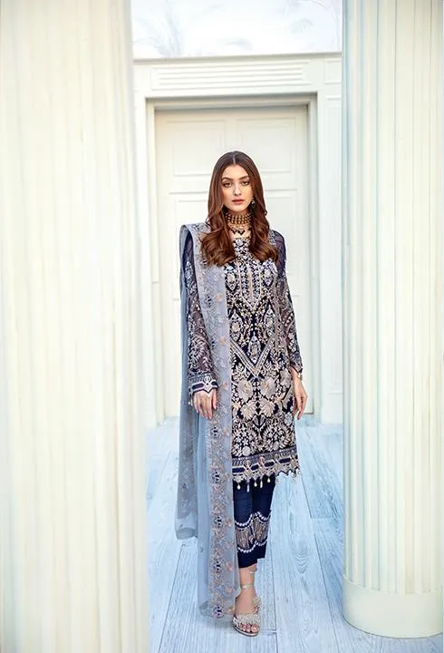 Latest embroidered Pakistani chiffon dress in dark blue color # P2509
