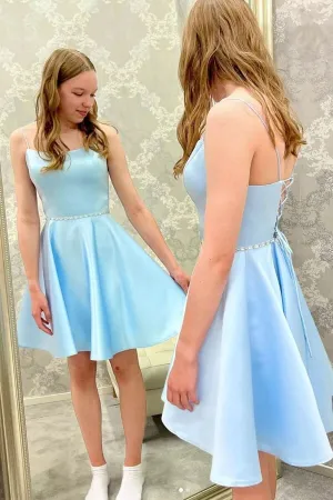 Light Blue Satin Cheap Homecoming Dresses, Beaded Short Party Dresses, MH562