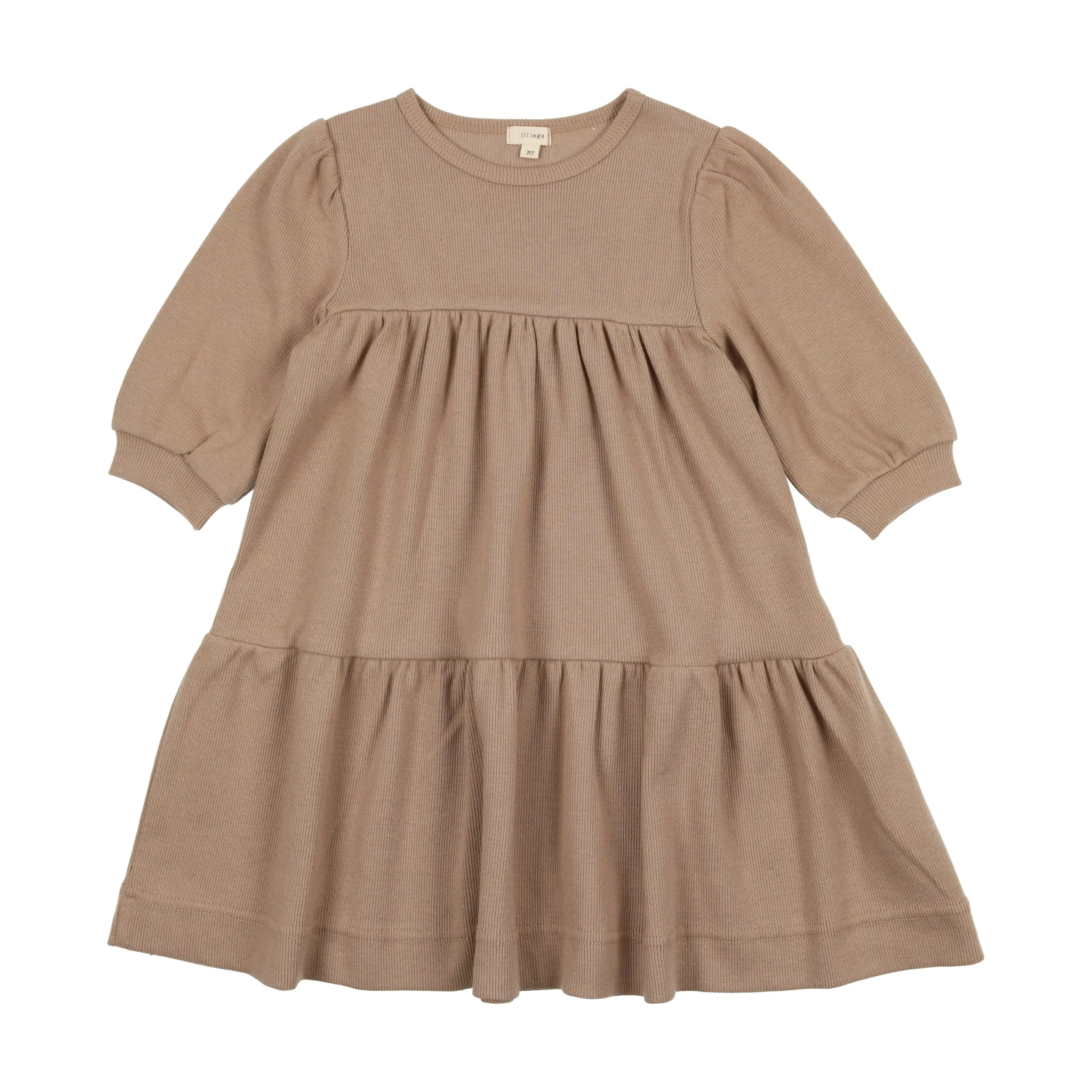 Lil Legs Ribbed Puff Sleeve Dress Three Quarter Sleeve - Tan