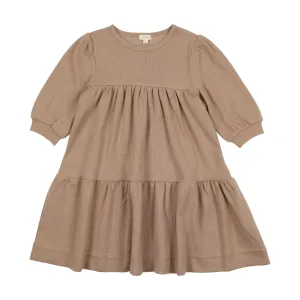 Lil Legs Ribbed Puff Sleeve Dress Three Quarter Sleeve - Tan