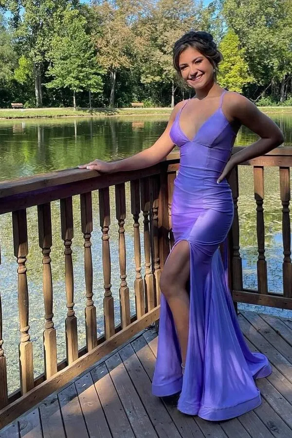 Lilac Satin Mermaid V-neck Spaghetti Straps Lace Up Long Prom Dresses, SLP054
