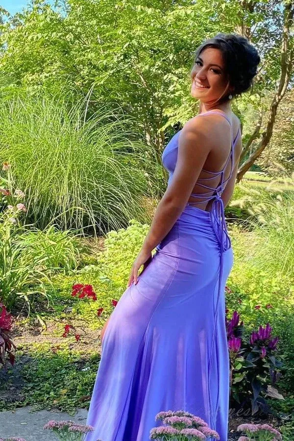 Lilac Satin Mermaid V-neck Spaghetti Straps Lace Up Long Prom Dresses, SLP054