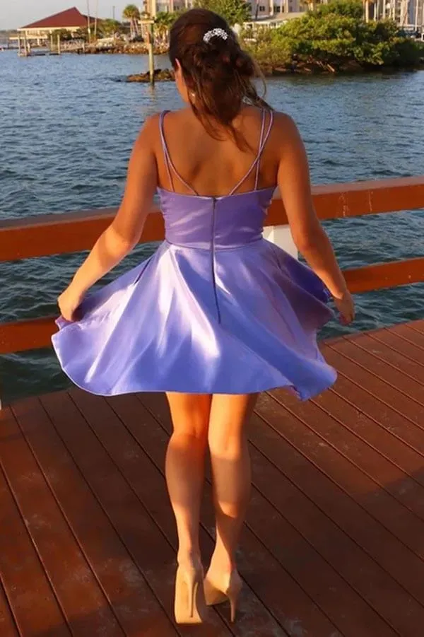 Lilac Silk Satin A-line V-neck Spaghetti Straps Short Homecoming Dresses, MH607