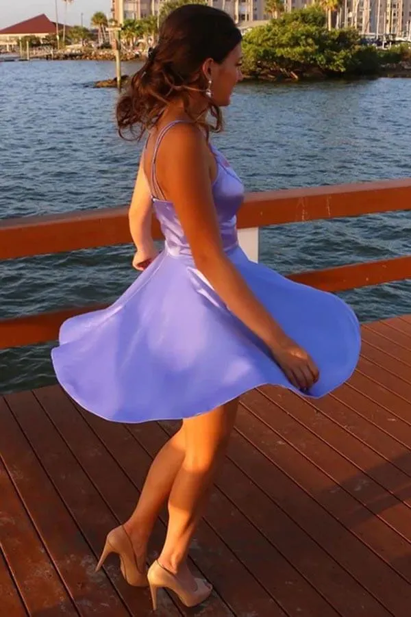Lilac Silk Satin A-line V-neck Spaghetti Straps Short Homecoming Dresses, MH607