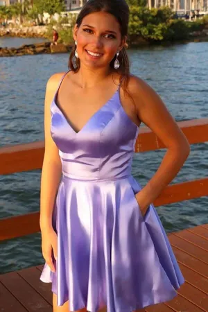 Lilac Silk Satin A-line V-neck Spaghetti Straps Short Homecoming Dresses, MH607