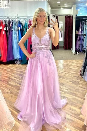 Lilac Tulle A-line V-neck Lace Appliques Prom Dresses, Long Formal Dress, MP820