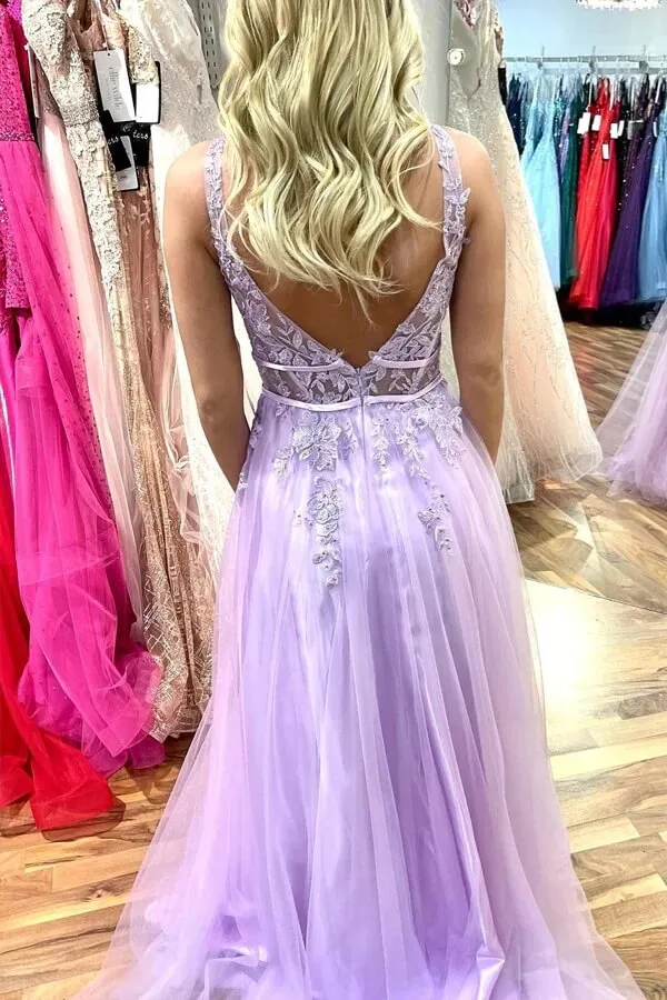 Lilac Tulle A-line V-neck Lace Appliques Prom Dresses, Long Formal Dress, MP820