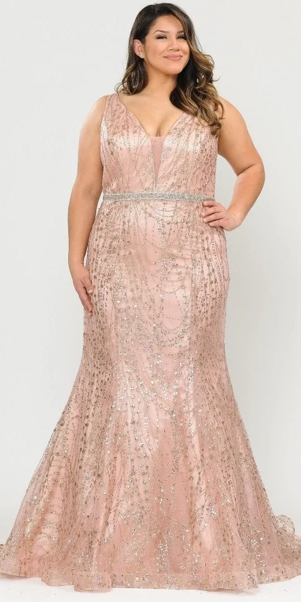Lindas W1092 Full Length Jewel Belt Deep Illusion V-Neck Plus Size Dress