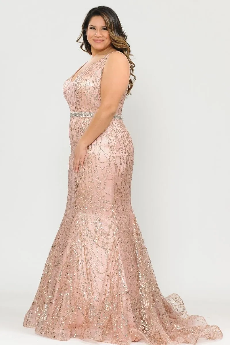 Lindas W1092 Full Length Jewel Belt Deep Illusion V-Neck Plus Size Dress