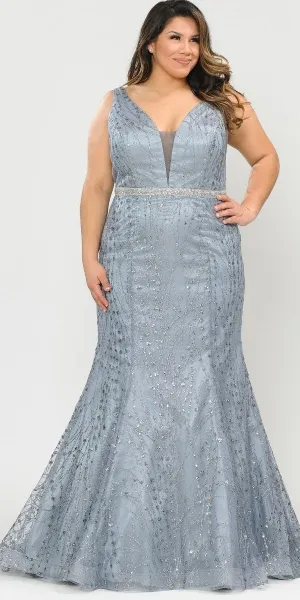 Lindas W1092 Full Length Jewel Belt Deep Illusion V-Neck Plus Size Dress