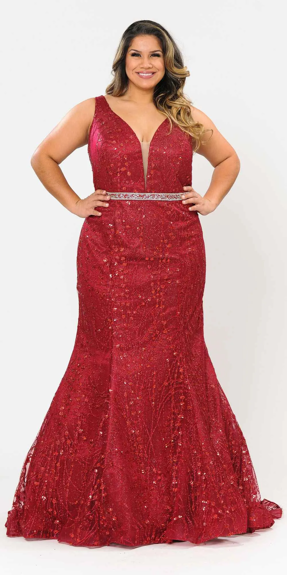 Lindas W1092 Full Length Jewel Belt Deep Illusion V-Neck Plus Size Dress