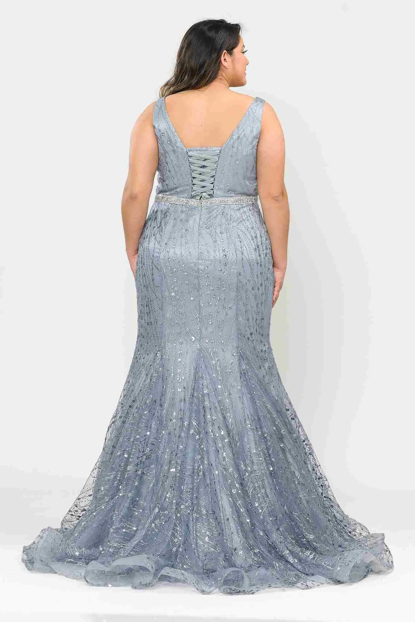 Lindas W1092 Full Length Jewel Belt Deep Illusion V-Neck Plus Size Dress
