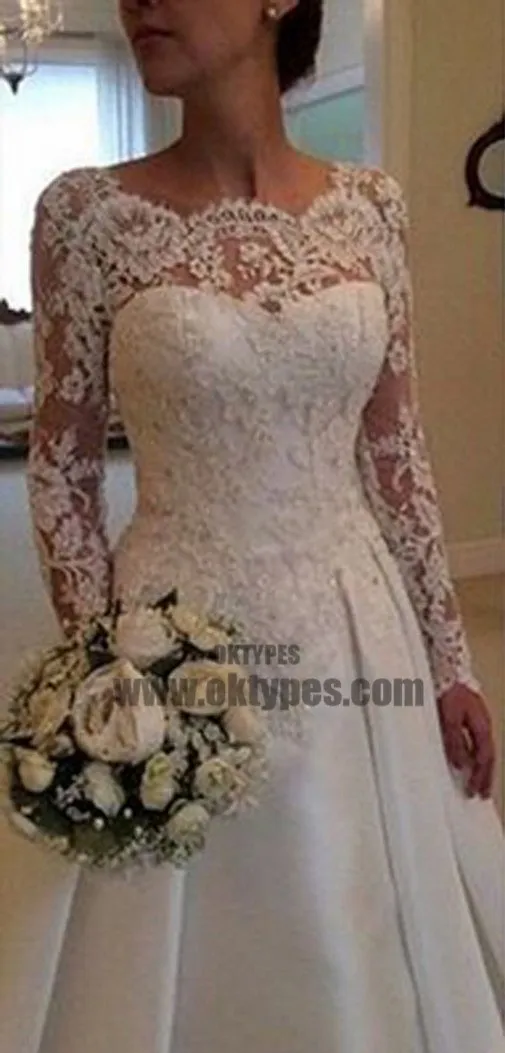 Long A-line Full Length Round Neck Long Sleeve Lace Top Satin Wedding Party Dresses, TYP0655