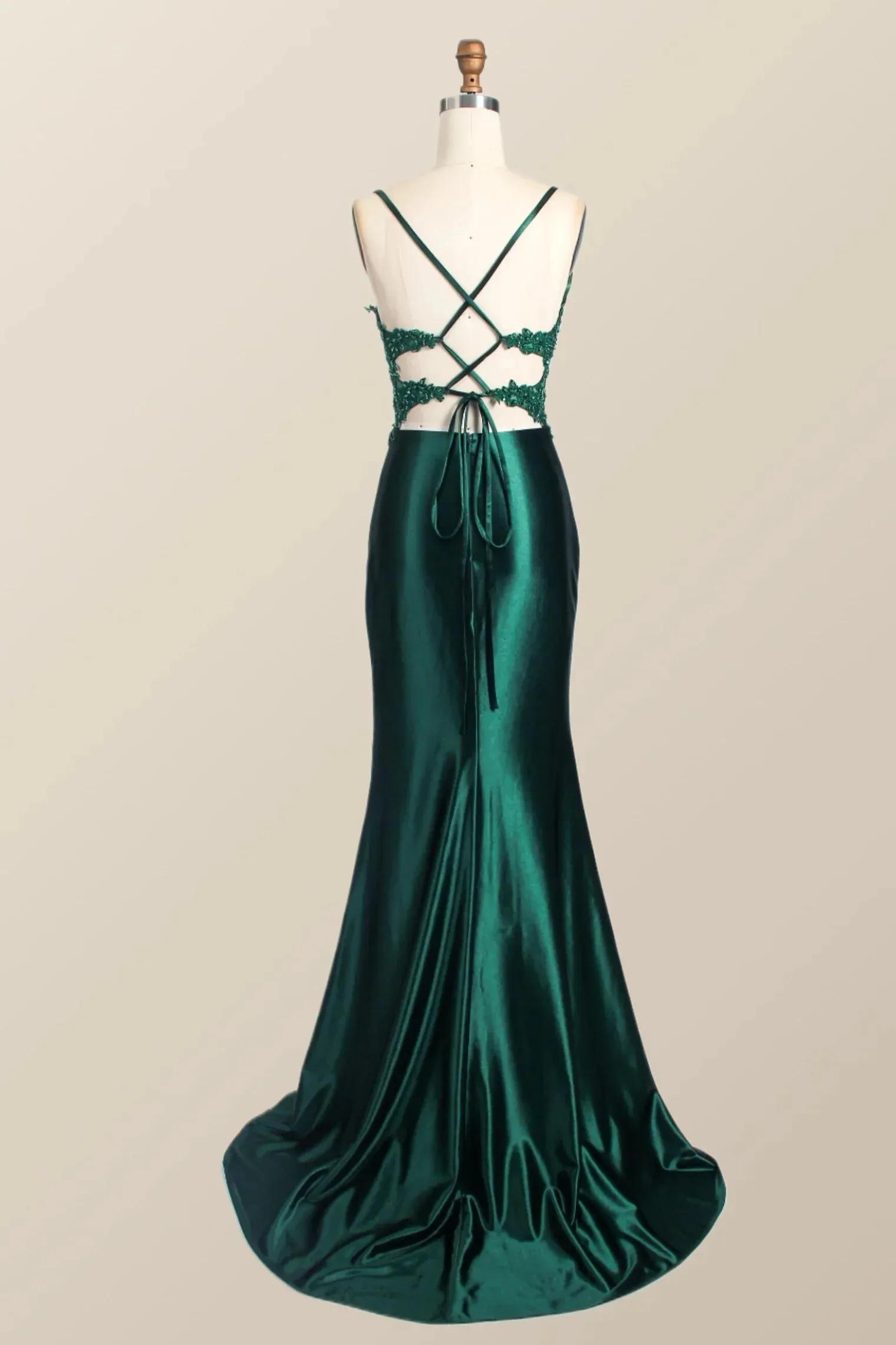 Long Green Evening Dresses Lace Straps Mermaid Ruched Formal Dress Appliques